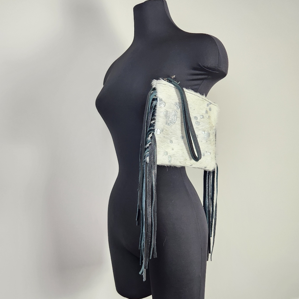 RAVIANI fringed leather & calf hair wristlet